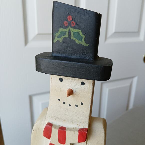 Handmade Vintage Wooden Snowman candle holder 13" tall made in Mexico votive - Picture 7 of 16